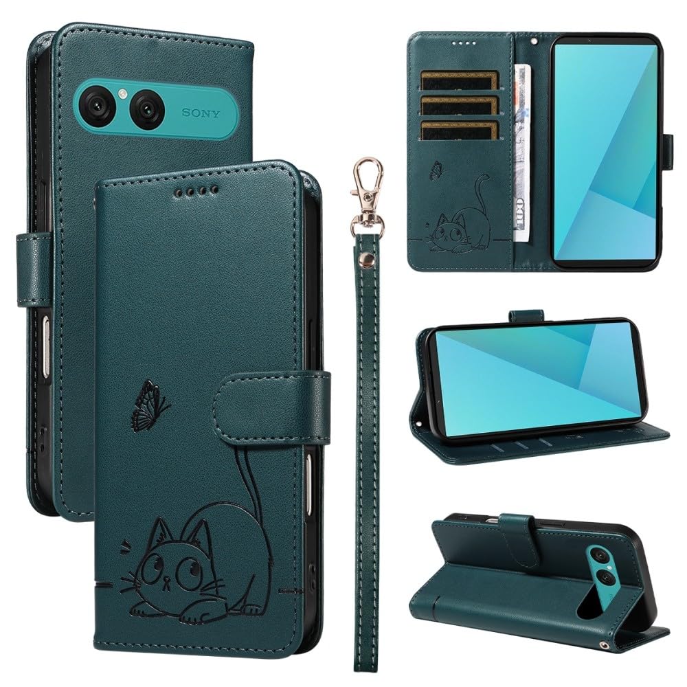 Generic Étui compatible avec Sony Xperia 5 IV (Couleur : vert foncé) Motif Chat Papillon Portefeuille en cuir Étui à rabat