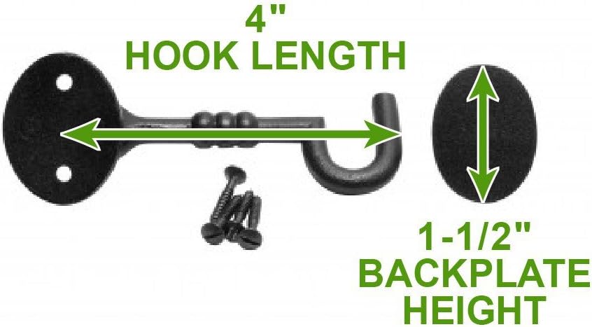 Renovators Supply Manufacturing Black Wrought Iron Cabin Hook Eye 5" Long Large Decorative Privacy Hook Latches for Cabinet Window Kitchen Sliding Or Barn Doors with Mounting Screws Pack of 2