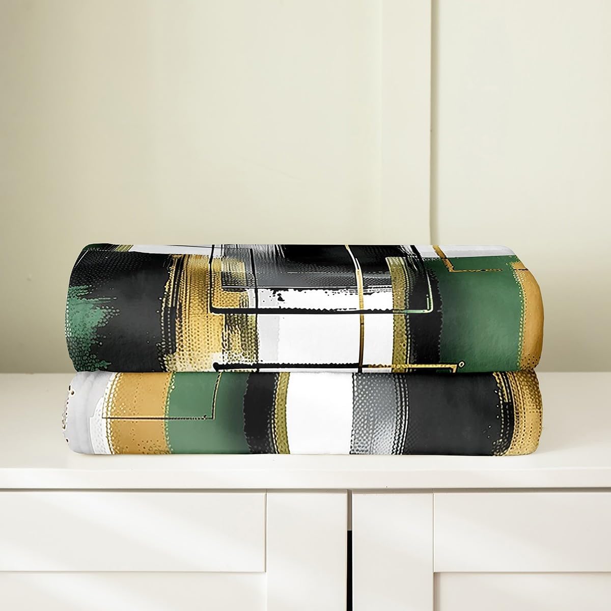 Erosebridal Square Queen 90x90 Blanket, Abstract Graffiti Throw Blanket, Oil Painting Retro Geometric Fleece Blanket, Modern Artwork Rectangle Patchwork Fuzzy Blanket, Green Black Orange