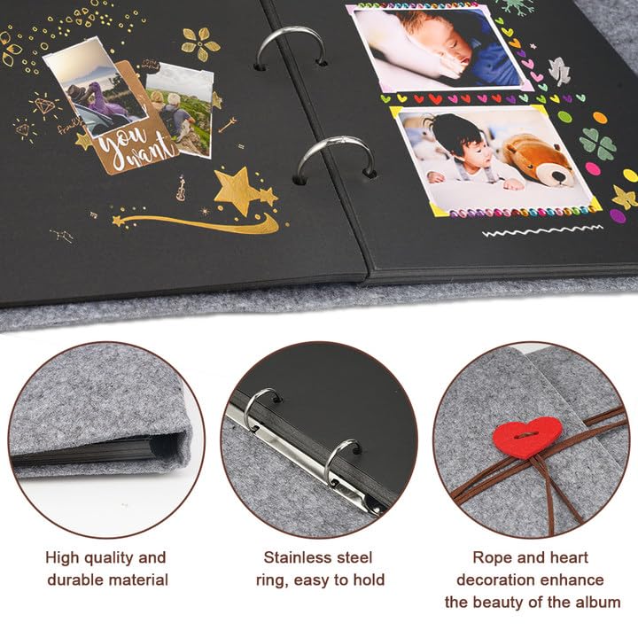 YILEEY Album Photos En Cuir, 27,5x20,5x3,2cm Traditionnel Vintage Scrapbook 60 Pages Noires Rechargeable Livre D'or, DIY Scrapbooking Set Avec Pochoirs Autocollants Et Coins Photo, Pissenlit