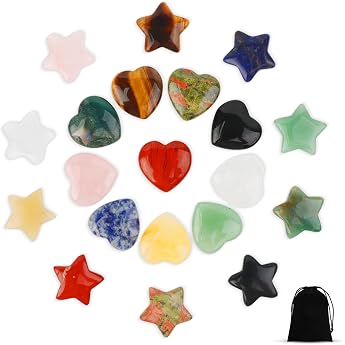 BATHRINS Pack of 20 Healing Stones Heart and Stars Gemstones Crystals Lucky Stones Sets Natural Heart Decorative Stones Women Gift for Meditation & Reiki Energy Balance