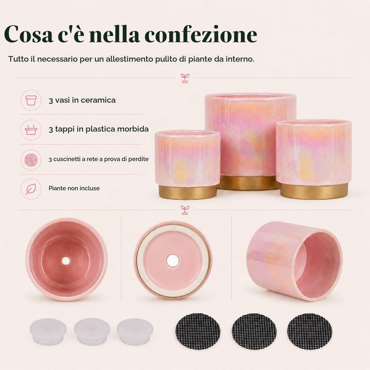 Gepege Vasi per piante da interno rosa per piante, fioriera in ceramica con foro di drenaggio, 15,2 cm + 12,7 cm + 10,2 cm. Vaso per fiori di orchidee succulente - Smalto arcobaleno perlato