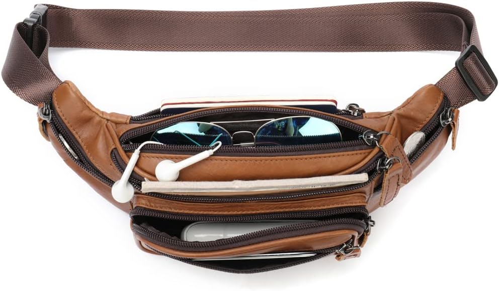 Leather Fanny Pack Waist Bag for Men Women Outdoor Travel Hiking Camping Walking Running Hip Bum Belt Slim Cell Phone Purse Wallet Pouch (#03Brown)