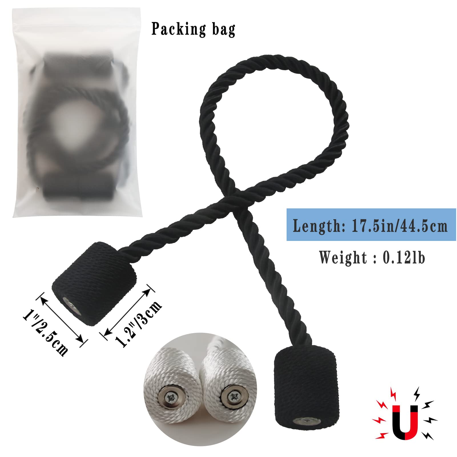 Lot de 6 embrasses magnétiques noires pour rideaux modernes et décoratives