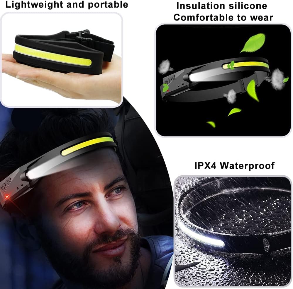 Kitchasy Rechargeable Led Headlamp, Wide Beam Lightweight Headlight, 5 Modes Motion Sensor Cob Headlamp, Type-C Charge Waterproof Head Flashlight for Hiking Camping Running Fishing, Black