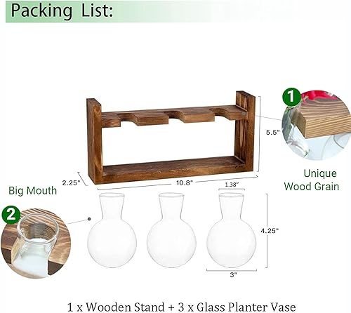 Miniatura 3 de Ivolador Estación de propagación de mesa, terrario de bombillas de vidrio con soporte retro de madera maciza para plantas hidropónicas, decoración