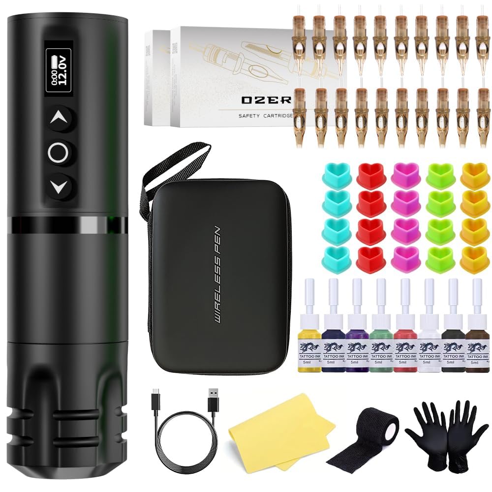 OZER Tattoo Gun Set Including 20 Ink Cartridge Needles and a 2000mAh Tattoo Pen Kit is Suitable for Artists and Beginners (the ink is only for practice)