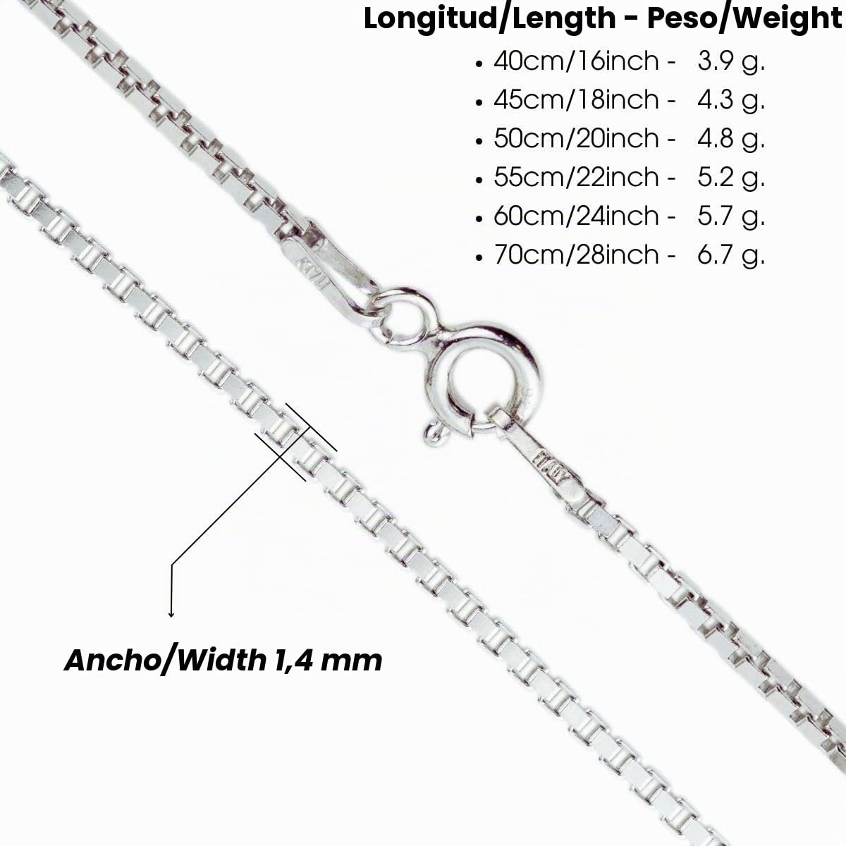 AKA Gioielli® - Cadena Eslabón Cuadrado Veneciana 1.4 mm Plata De Ley Esterlina 925 Rodio - Collar Fina Mujer Hombre Longitud: 40 45 50 55 60 70 cm