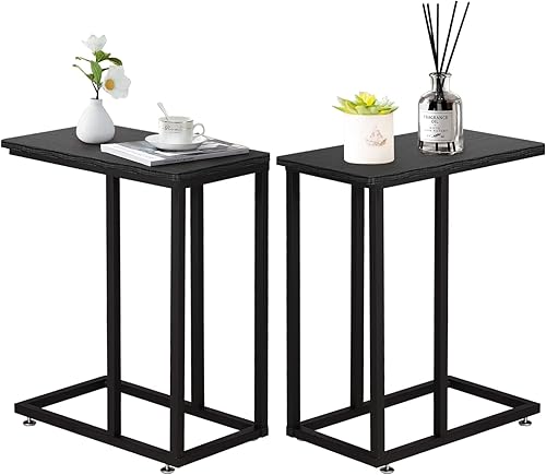 VECELO Mesa auxiliar en forma de C para sofá y cama, bandeja de TV para sala de estar, dormitorio, 2 unidades, color negro