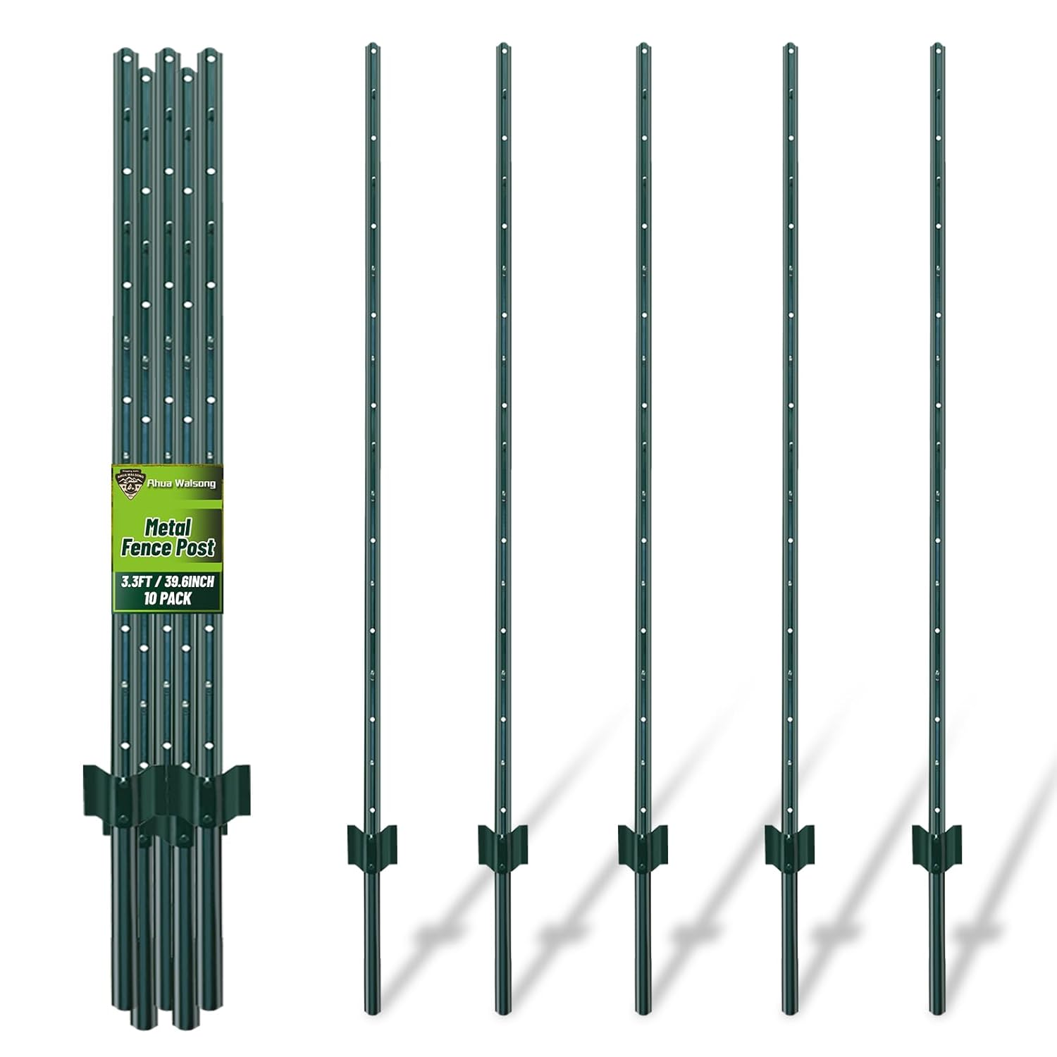 10 Pack Metal Fence Posts, 3.3ft Heavy Duty Metal U-Post、Garden Fence Posts, No Dig Green Coated Yard Stakes, for Yard,Lawn，Outdoor Landscaping