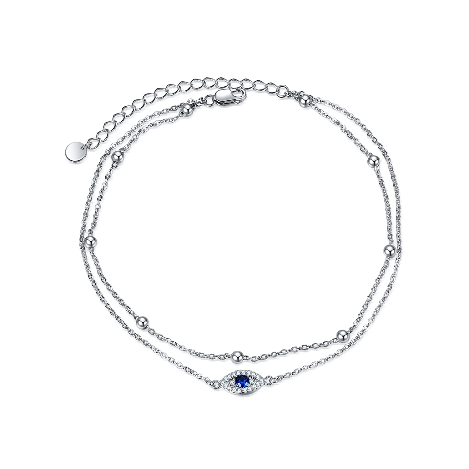 POPLYKE 925 Sterling Silver Double Layered Chain Evil Eye Daisy Sunflower Butterfly Anklets for Women Holiday Beach Crystal Ankle Bracelet Dainty Evil Eye Jewelry