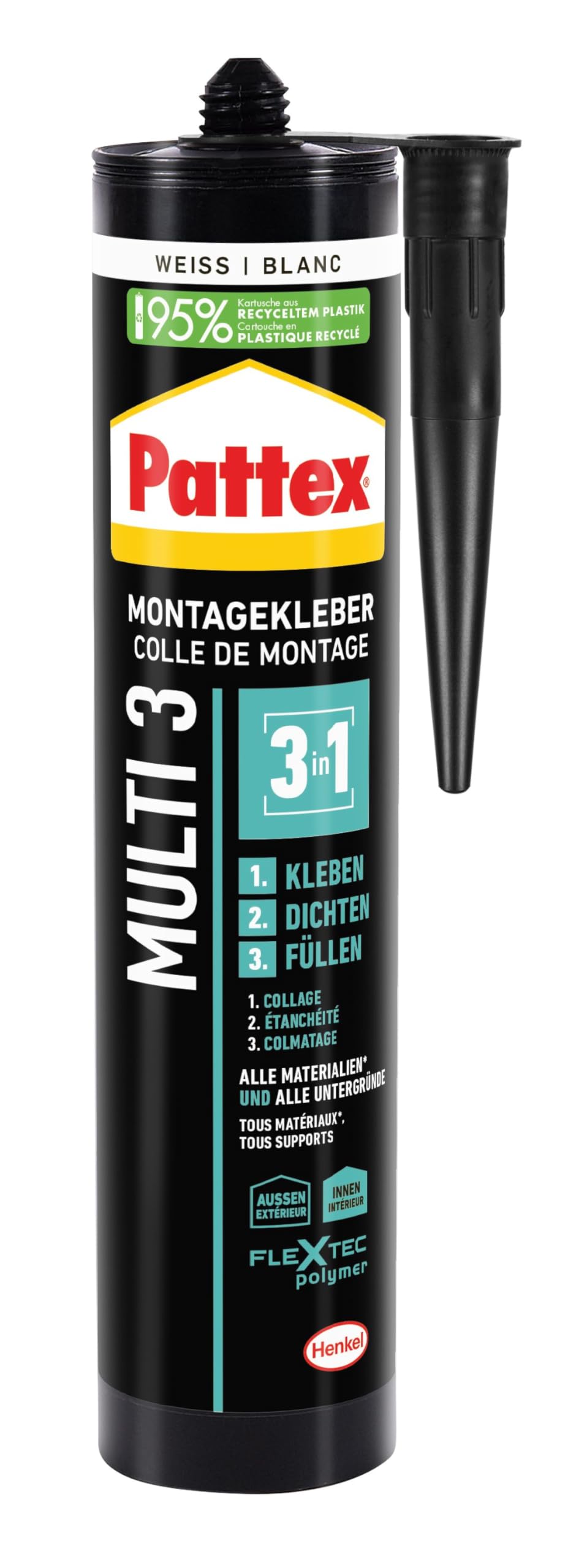 Pattex Montage Multi 3, 3in1 Montagekleber, starker Kraftkleber für fast alle Materialien*, wetterbeständiger Baukleber für innen und außen**, weiß, 12x390g Kartusche