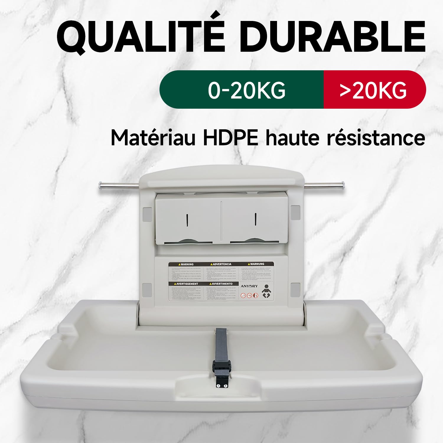 anydry Table à langer murale durable, Design robuste avec sangles de sécurité, Économiseur d'espace rabattable, en blanc grisâtre élégant