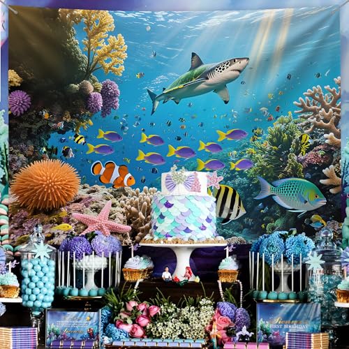 Under The Sea Backdrop 7x5FT, Ocean Backdrop,Ocean Underwater World Fish Coral Photography Background for Under The Sea Birthday Party Decorations (Light Blue) by Dormirpilow - Used condition - Image 3