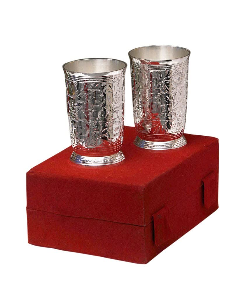 Urban Hamlet German Silver Glass Set | Silver Plated Design Water Glass Set with Box (Pack of 2) | (LXB - 11.5X7 cm)
