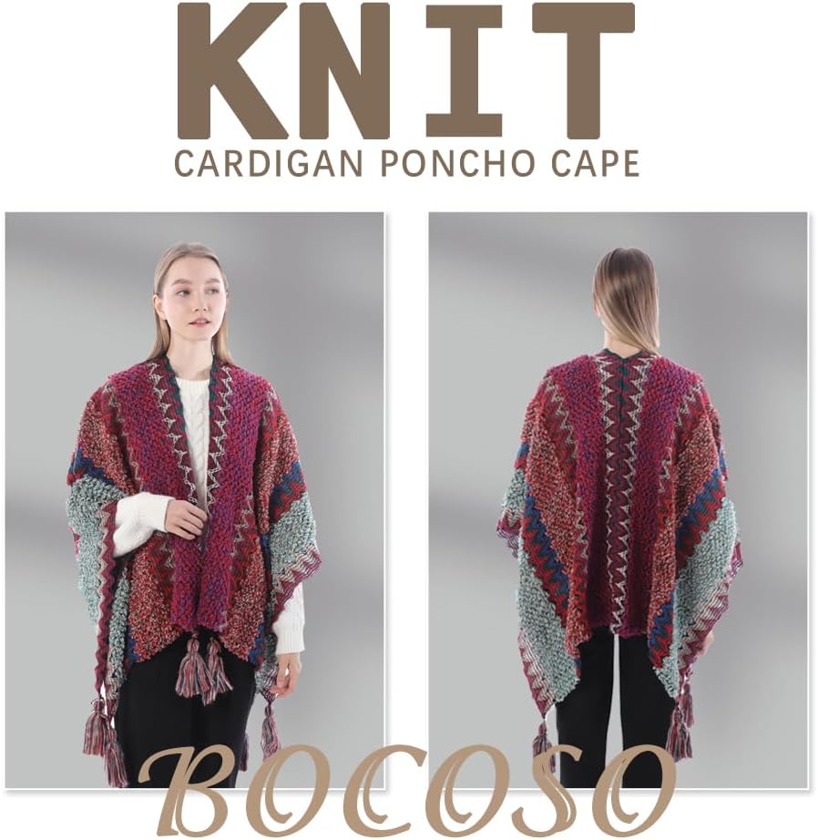Knit Shawl Wrap Poncho Cape for Women, Ladies Knitted Cardigan Kimono with Fringe for Fall Winter - Image 3