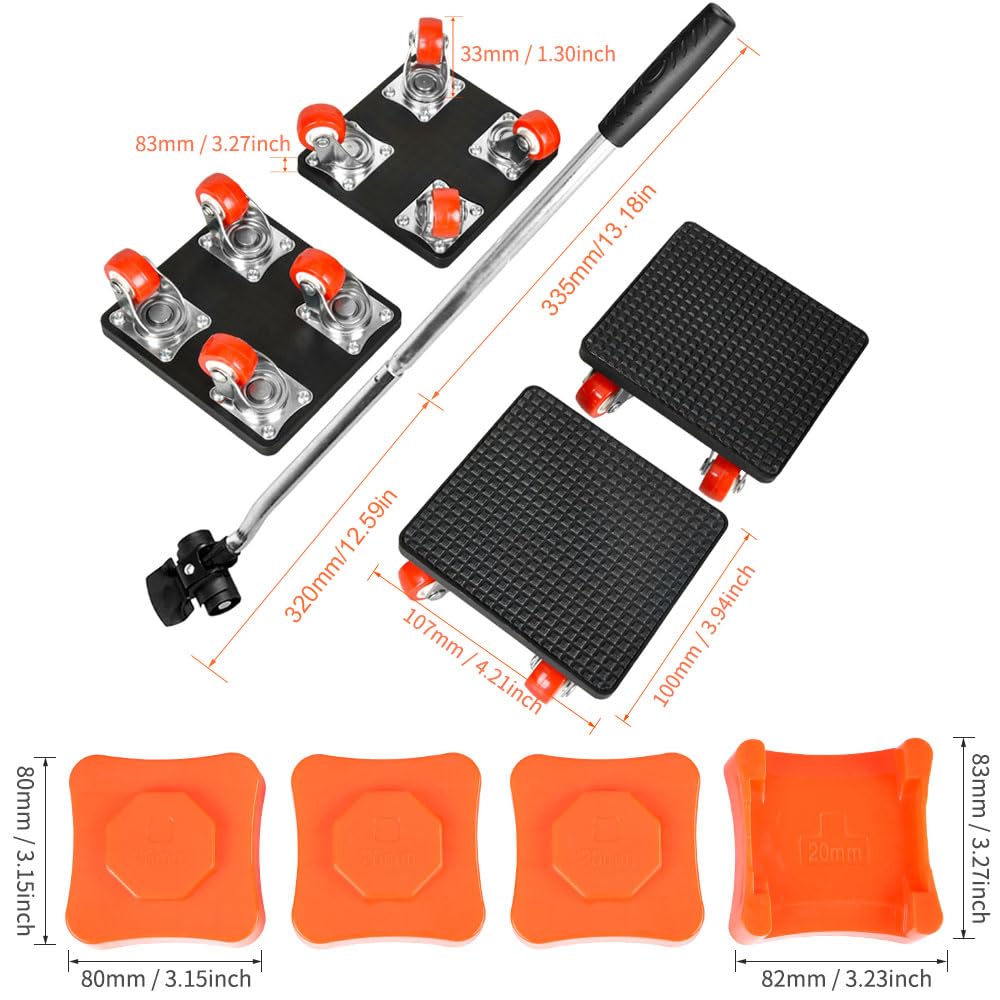 Kit de Deplace Meuble Lourd sans Effort, 9 Pièces Leve Meuble Lourd 400kg, 335 mm Barre D'extension, 4 Roue Rotative à 360 Degrés et 4 Blocs de Levage, roulettes pour Meubles Lourds