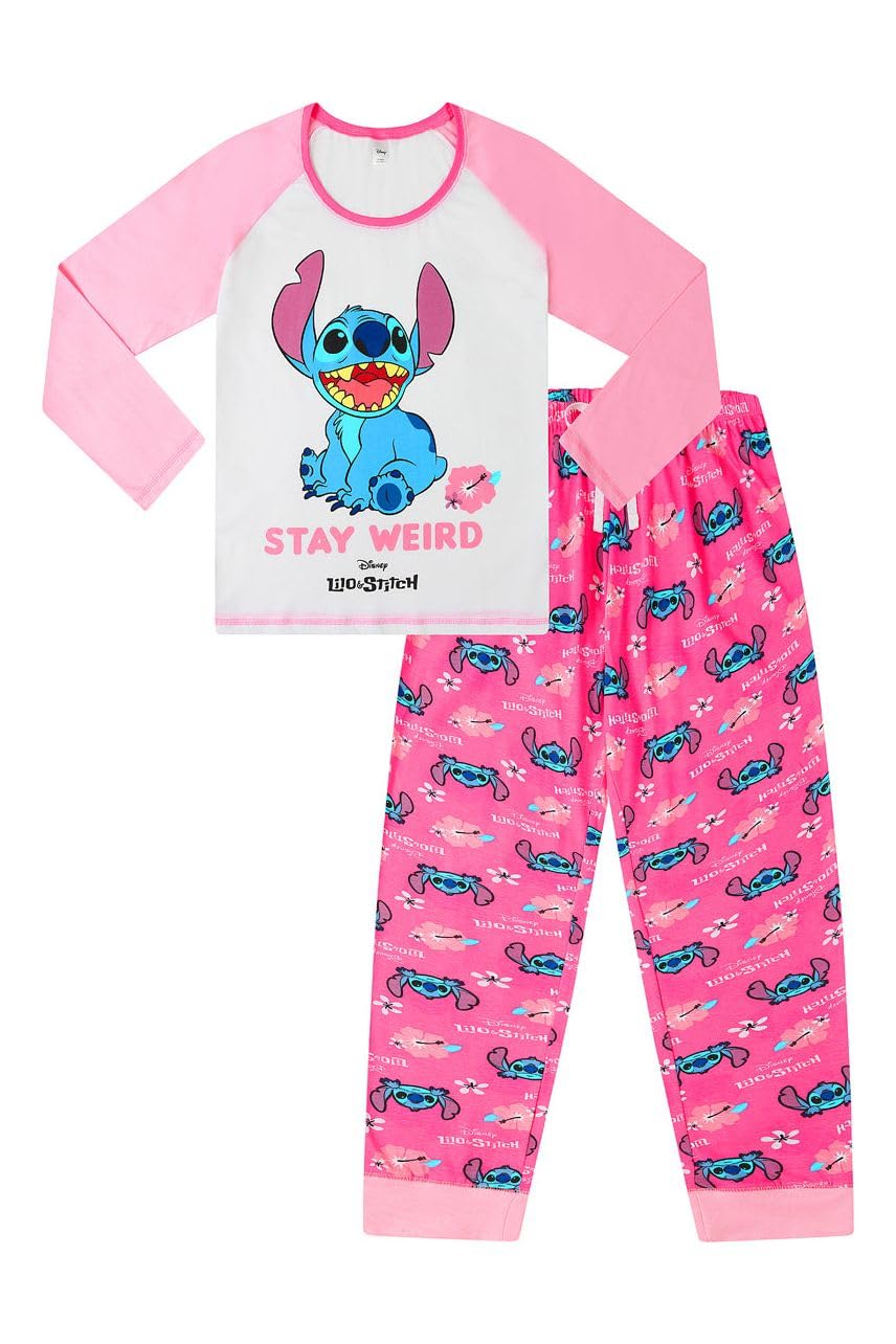 Disney Lilo and Stitch Stay Weird Pink White Long Ladies Pyjamas Pjs