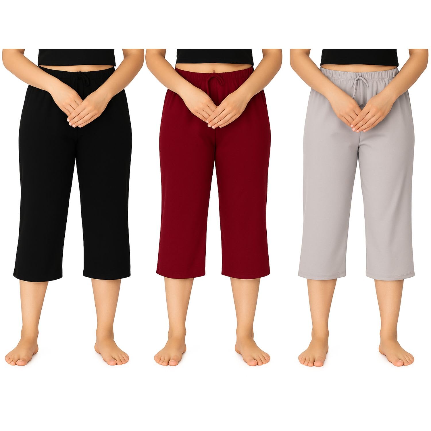 Women's 3/4th Capri, Cotton Capri With Loosefit For Girls Black, Grey, Marrone (3Pack)-image-41