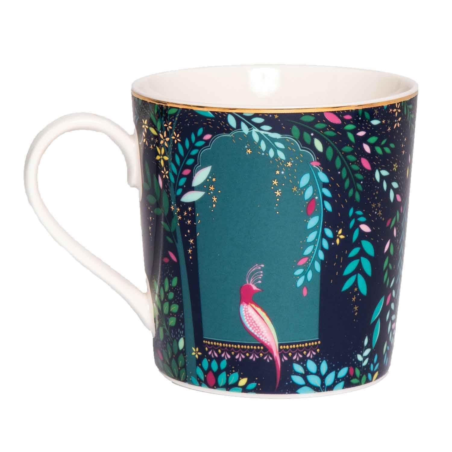 Sara Miller India Tassen, Set mit 118 ml, Tee- und Kaffeetassen aus feinem Porzellan mit 22 Karat Gold-Details, Sammlerstück, exotische Tierwelt in lebendigen Juwelentönen, ideal zum Verschenken