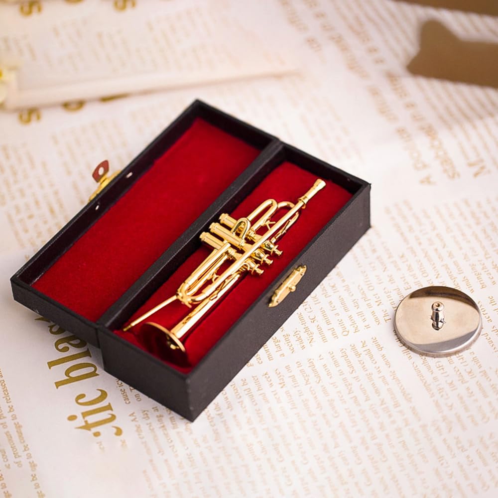 Modèle de Trompette Miniature, Laiton Délicat Doré Mini Trompette Mini Instrument Ornement Décoration Modèle d'Instrument Ornements Musicaux Cadeau Musical avec Support et étui