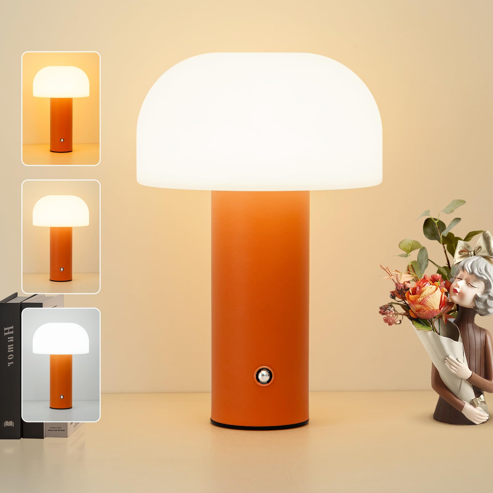 ZOOPEEN Cordless Mushroom Table Lamp Rechargeable,4000mAH Portable Battery Operated Lamp,3 Color Stepless Dimming Modern Lamps for Bedside Lamps,Touch Dimming Night Light for Home/Restaurant Orange