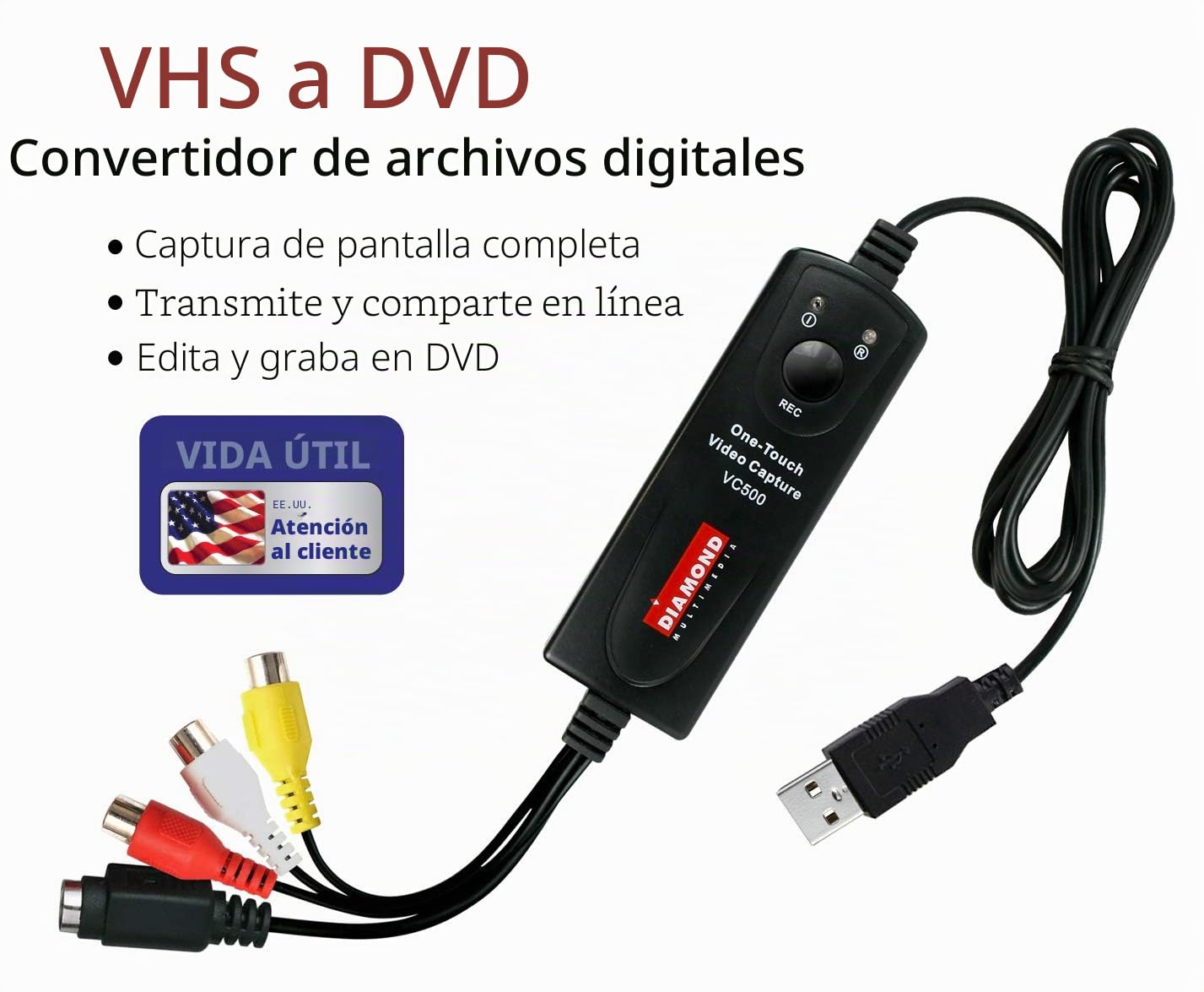 Diamond Multimedia VC500 One Touch dispositivo para capturar video USB 2.0 - Capturadora de vídeo (NTSC,PAL, 25 pps, 30 pps, 720 x 576 Pixeles, 720 x 480 Pixeles, MPEG1,MPEG2,MPEG4)