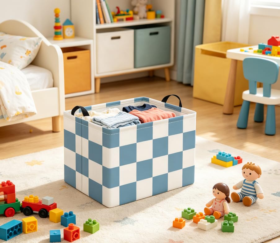 Image of Rectangular Baby Kids Storage Basket for Home Kitchen Girls Cute Toy Storage Bin Organizer Shelf Book Room Decor(Blue Checkered)