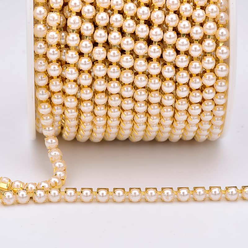 ACiyD SS6 2mm SS12 3mm SS16 4mm Nähen Weiße Perle Strass Band Kette Gold Silber Metallbesatz Perle Applikation Strass Band-Gold Basis,SS12 10 Yards (Silver Base SS12 10 Yards)