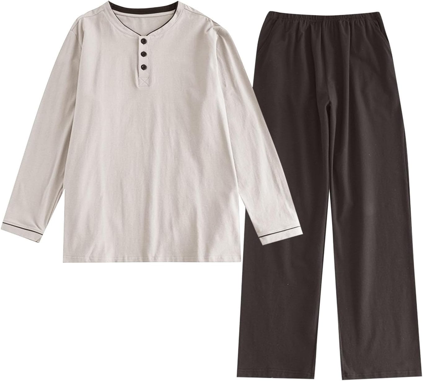 Mens Henley Collar Pajama Sets Long Sleeve Cotton Soft Comfy Tops and Long Pants Pjs Loungewear Casual Sleepwear Set