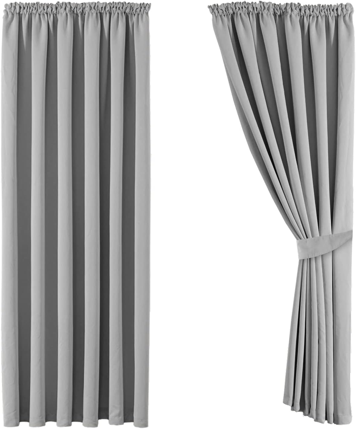 Aspire Homeware Super Soft Pencil Pleat Curtains 66x84 inch drop Thermal Insulated Energy Saving Light Grey Curtain Tape Top Door Curtains for Living Room 2 Panels with Tiebacks