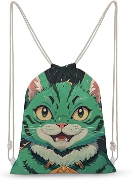 Anime Green Cat Drawstring Backpack Sport Gym Bags Yoga Shopping Travel Casual Daypacks for Women Men