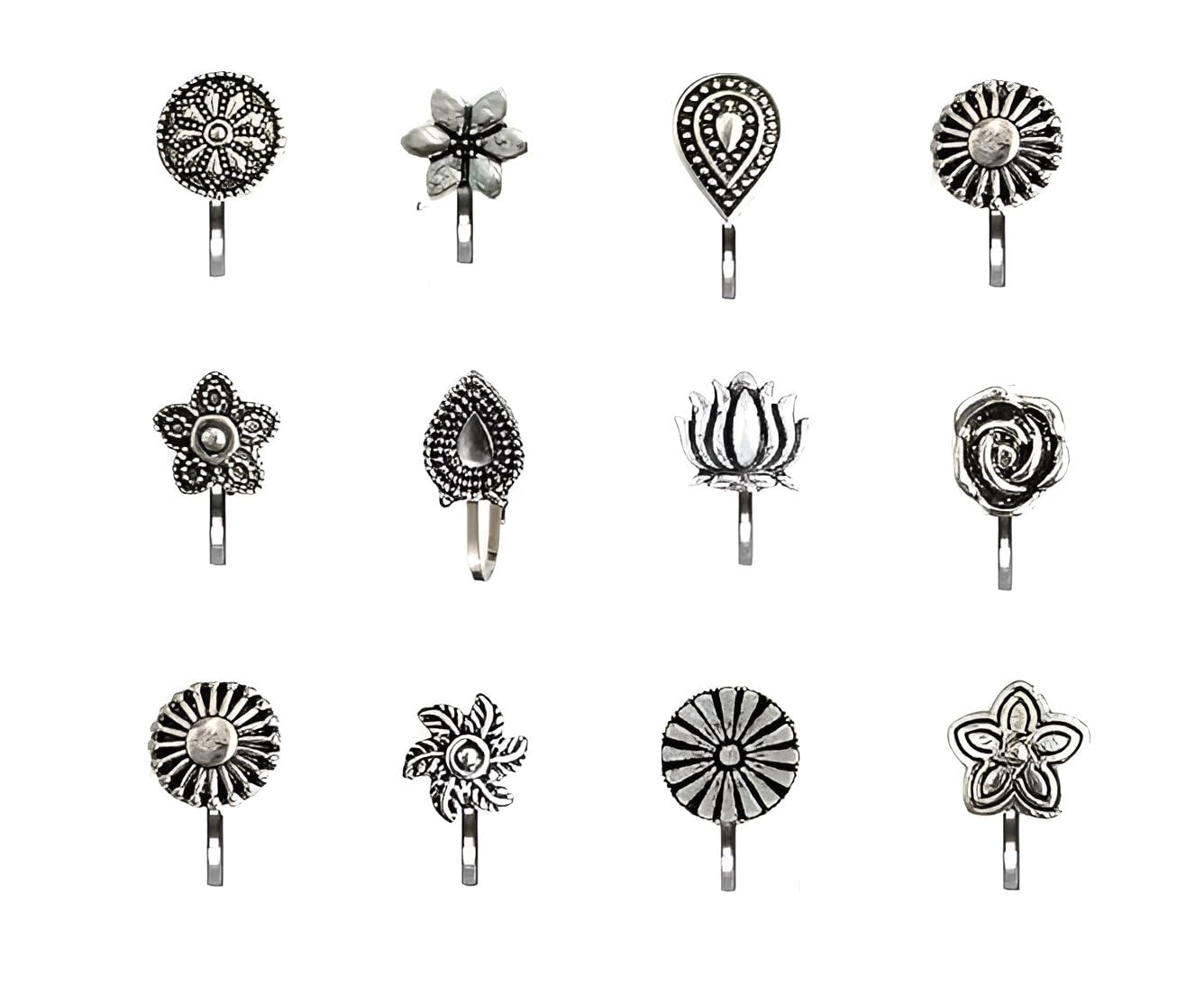 (12 Pcs Traditional Oxidised Silver Metal Non Piercing Clip On NosePin Stud |Without Piercing Nosepin Ring Studs For Womens And Girls