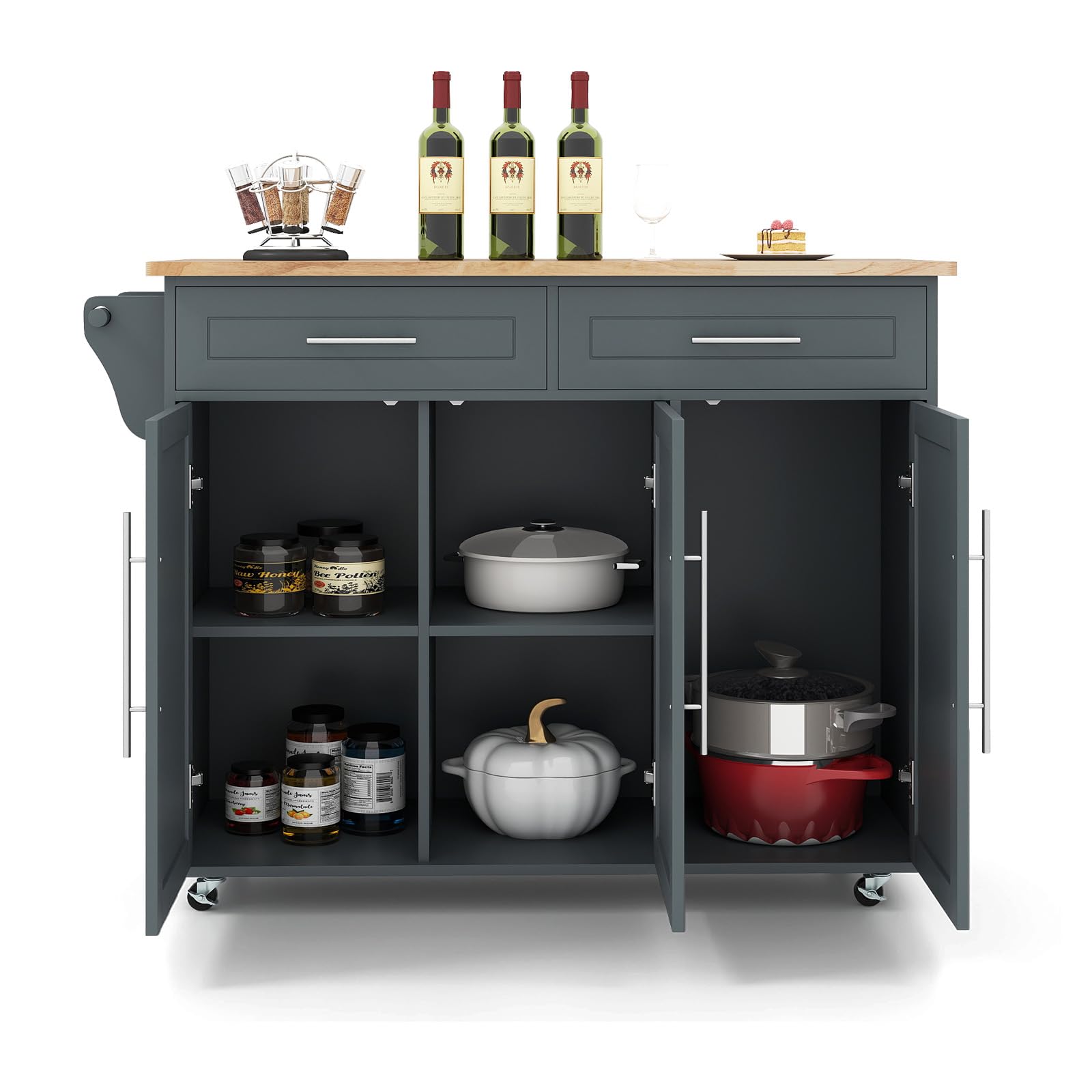 KOMFOTTEU Carrello Portaoggetti con Ruote con 2 Freni, Isola Cucina in Rovere Massiccio, Mobiletto da Pranzo con Portaspezie e Portasciugamani, per Soggiorno, 111,5 x 46 x 93 cm, In 2 Pacchi (Grigio)