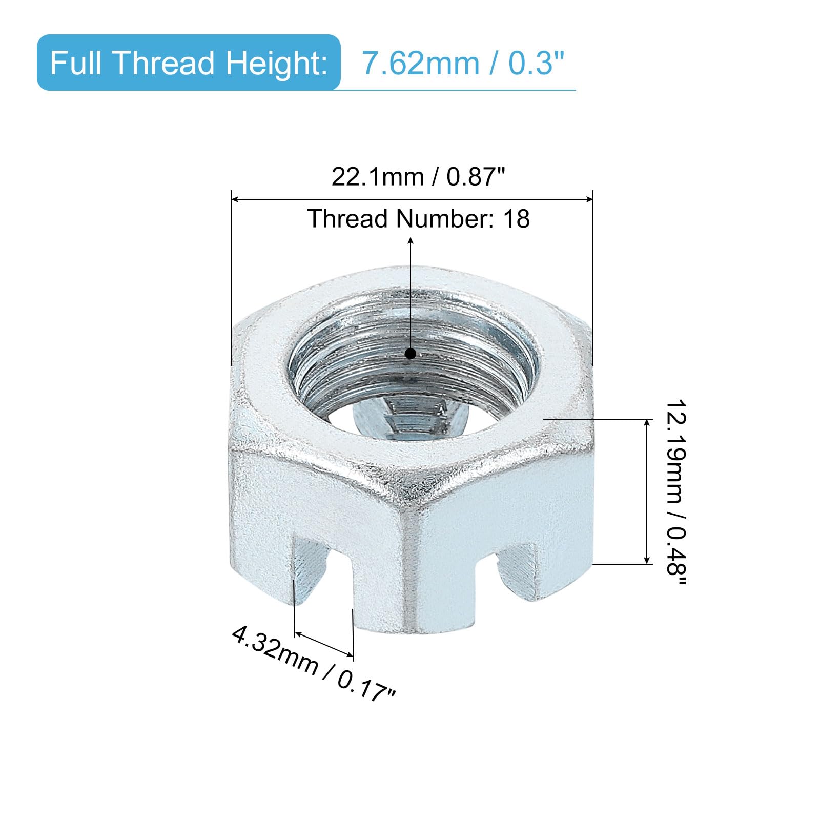 QUARKZMAN Écrou Hexagonal Fendu UNF 9/16-18, Grade 6,8 en Acier au Carbone Zingué, Convient pour la Réparation de Machines, Argent, 12 Pièces