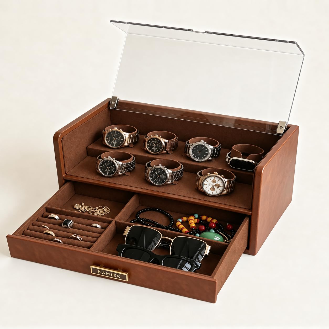 KAMIER Boîte à Montres à 7 Emplacements, Vitrine à Montres en Cuir PU | Avec Couvercle en Verre & Tiroir, Doublure Intérieure en Velours Doux, Rangement Premium pour Montres, Lunettes et Bijoux