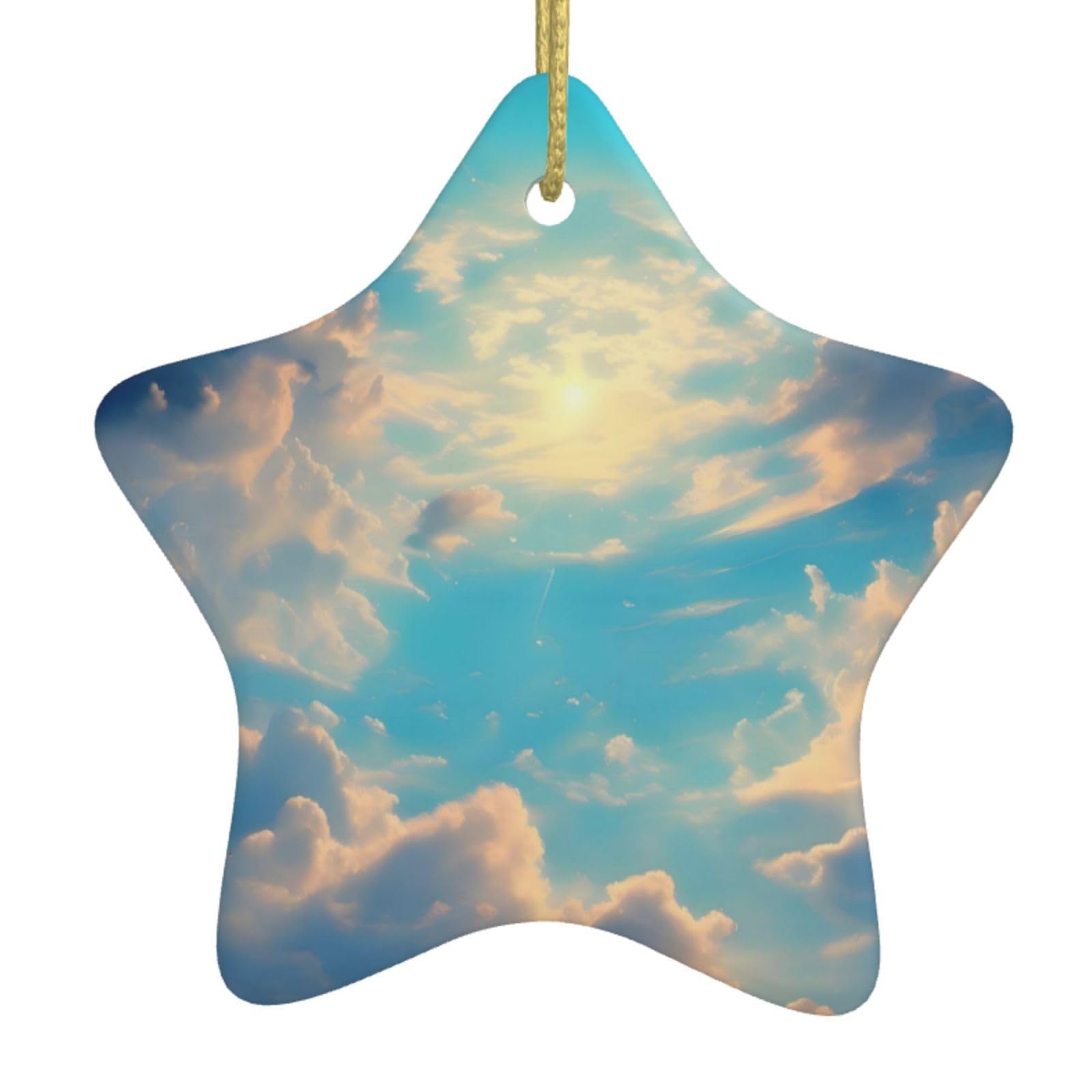 Cloudy Sky Christmas Ceramic Star Pendant with Punched Holes and Gold Wire Rope, Christmas Tree Home Decoration