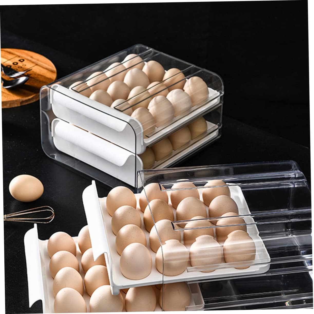 Cabilock Double Layer Egg Storage Organizer with Slots Refrigerator Safe Egg Dispenser for Freshness Deep Slots to Prevent Rolling for Fridge and Pantry Use