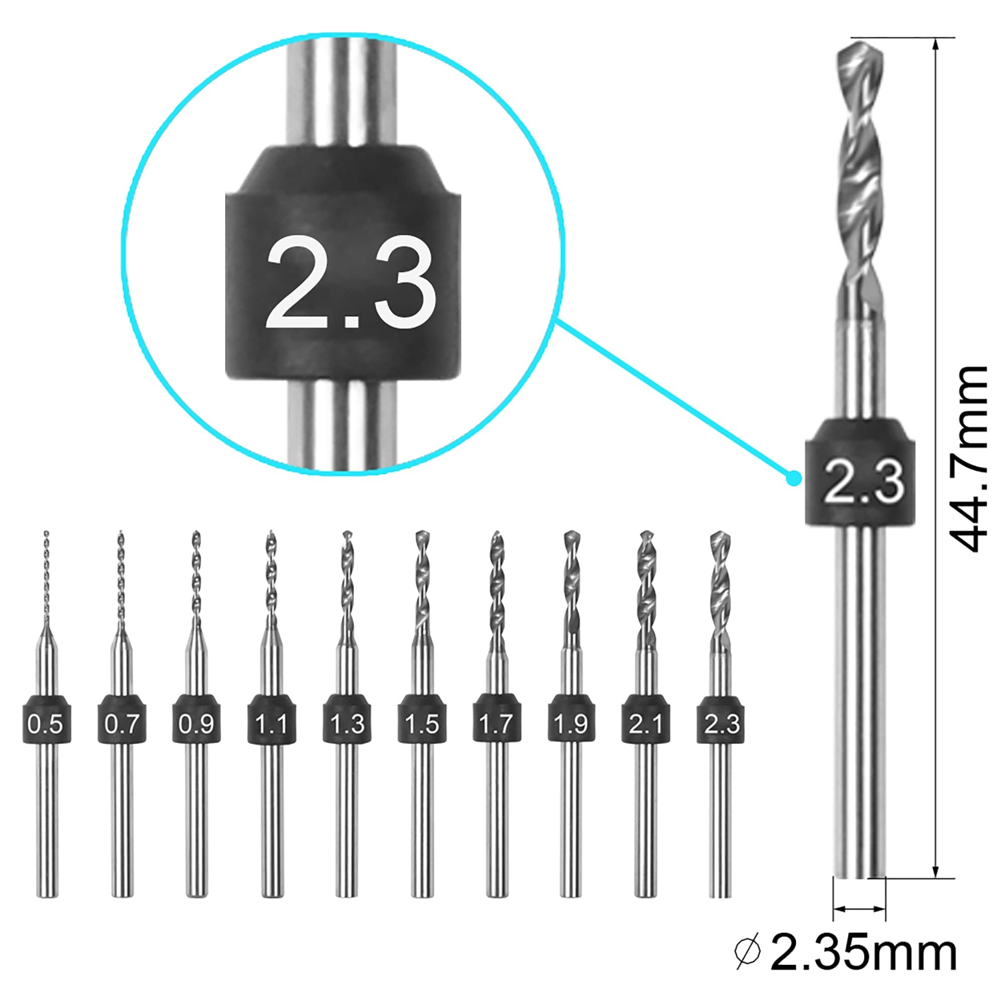 ARROWMAX Set di punte per trapano PCB, marcatura delle dimensioni, 0,5 mm - 2,3 mm, gambo da 2,35 mm, micro trapano in metallo duro, per fai da te, gioielli, ambra, perle, PCB, plastica (set B)