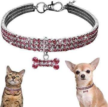 Pink Rhinestone Dog Collar for Small Dogs, Bling Cat Necklace Jewelry Crystal Pet Glitter Chain Jewel Diamond Puppy Collar with Bone Pendant for XXS XS Small Tiny Pet Femal Dogs Girl Kitten, XSmall