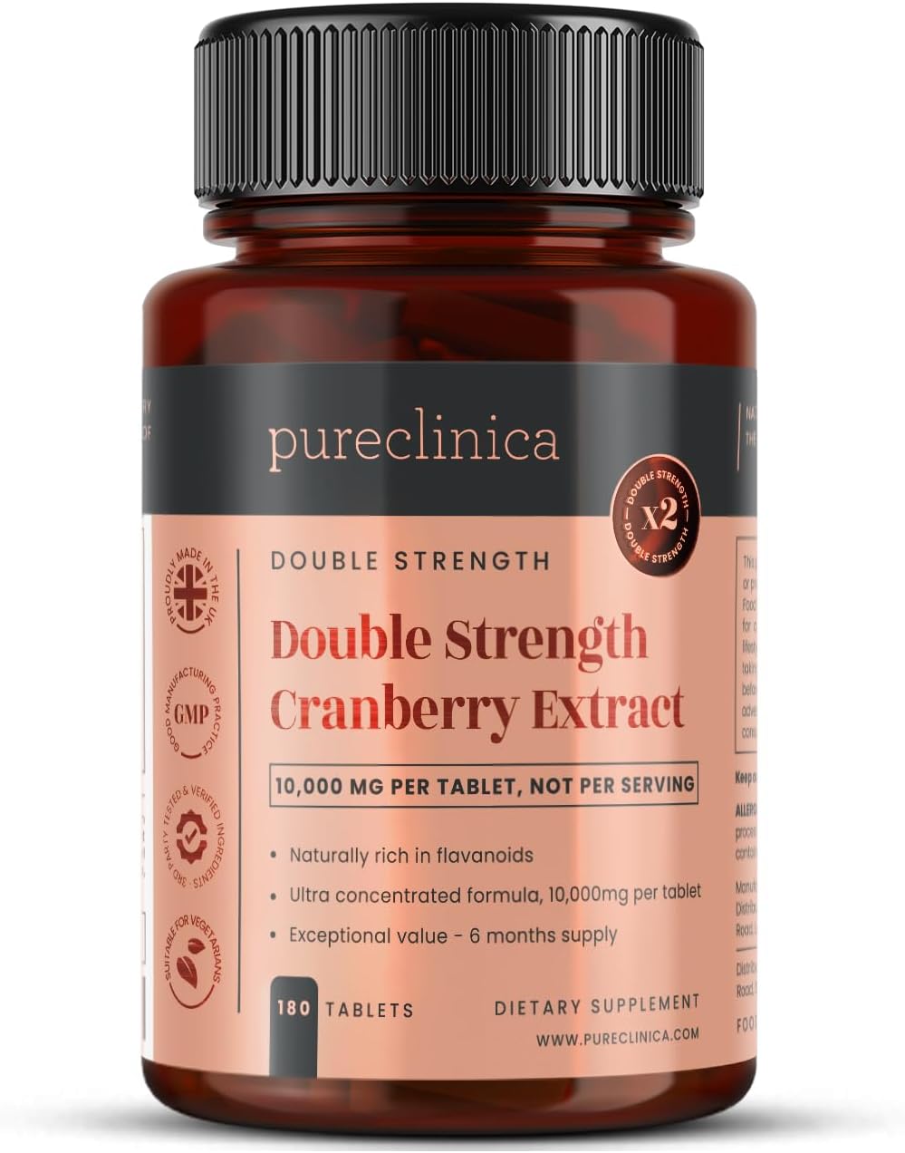 pureclinica Double Strength Cranberry Extract x 720 Tablets (4 Bottles of 180) – 2 Year Supply!