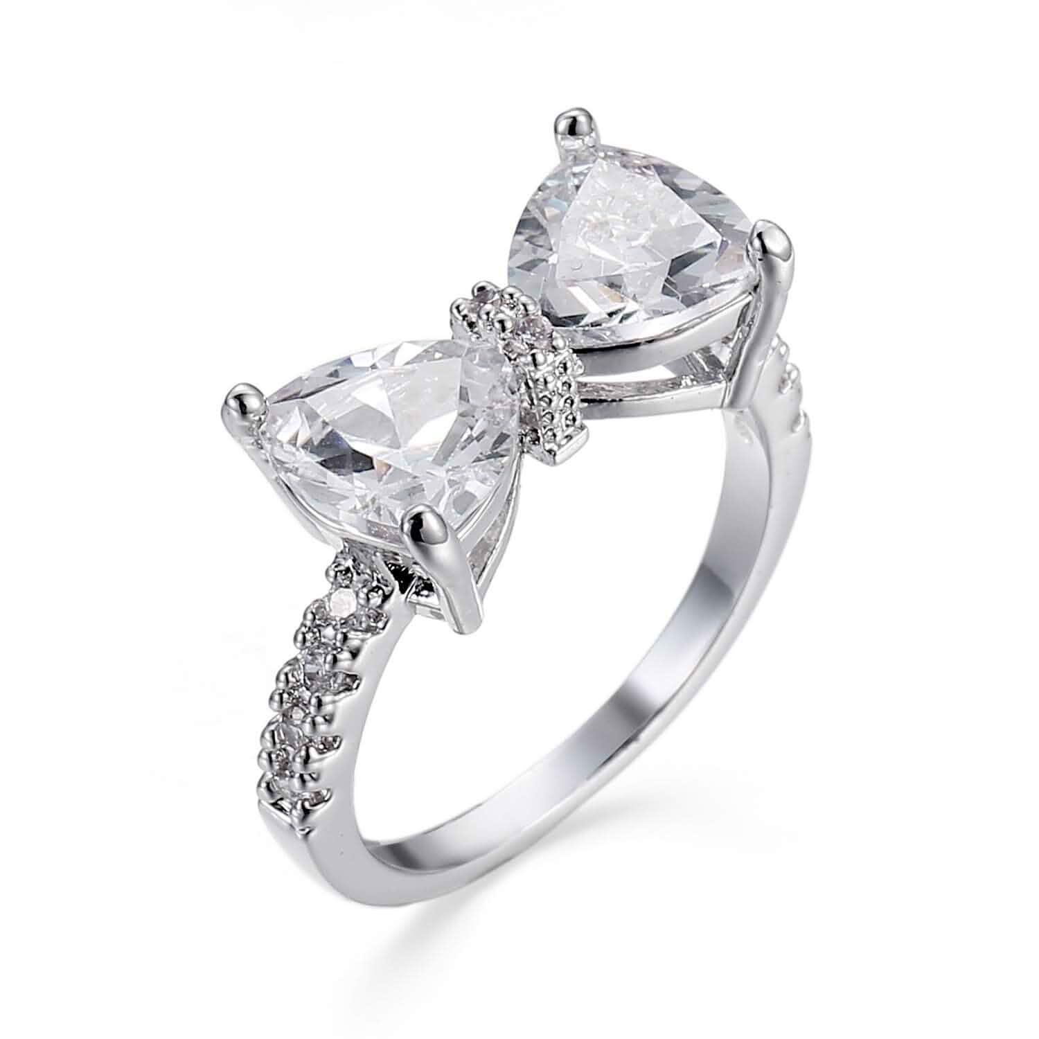 DOCCESTU Bow Ring Women's Cute Tie Ring 14k Plated 925 Sterling Silver Women's Ring Cubic Zirconia Ring Sparkling Love Wedding Ring（Size 7）