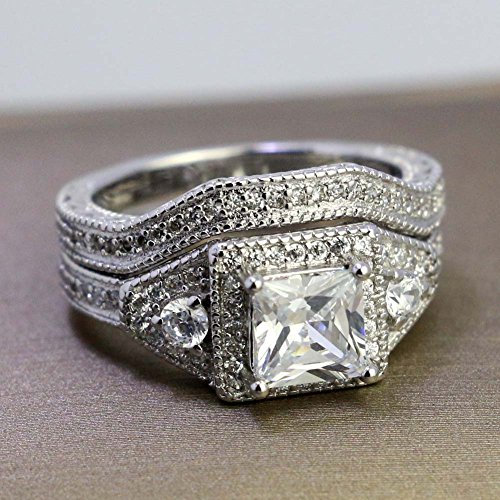 Two Rings His Hers Wedding Ring Sets Couples Matching Rings Women's 2pc White Gold Filled Square CZ Wedding Engagement Ring Bridal Sets & Men's Titanium Wedding Band4