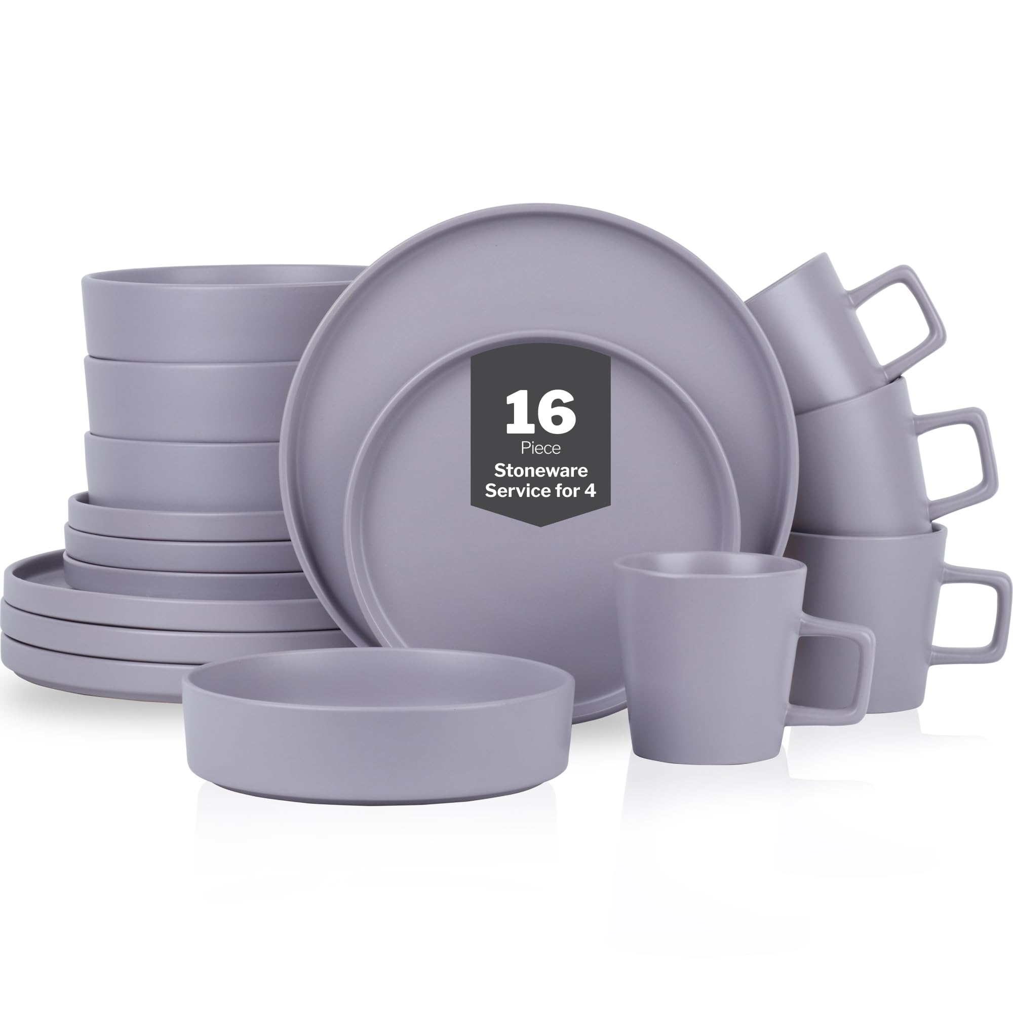 Stone Lain Cleo Stoneware 16-Piece Modern Dinnerware Set, Plates and Bowls, Light Gray, Service for 4, Microwave &amp; Dishwasher Safe