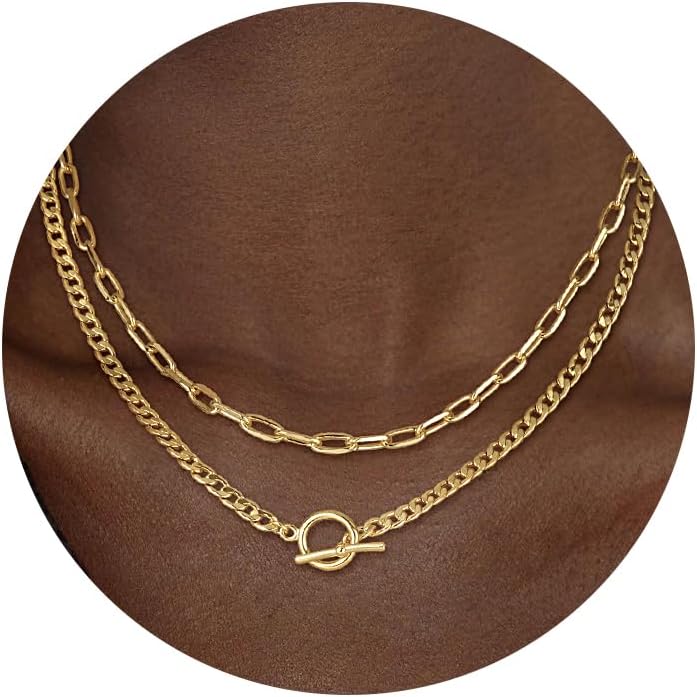 CHESKY Layered Necklaces for Women, 14K Gold Plated Chain Necklace Women Trendy Cuban Link Paperclip Chain Toggle Clasp Necklace Fashion Chunky Jewelry for Women
