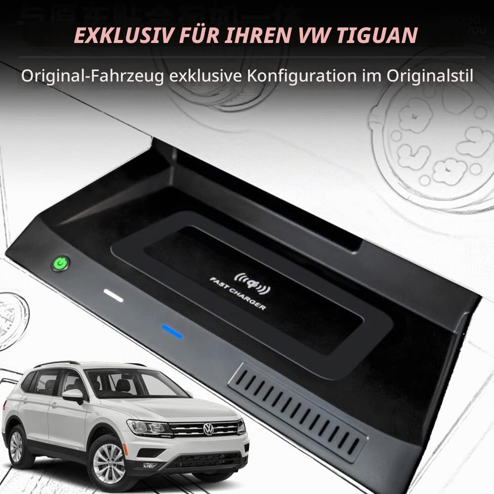 Kabelloses Ladegerät Auto Kompatibel mit VW Tiguan 2018 2019 2020 2021, 15W Schnellladendes Handy-Ladegerät für Volkswagen Tiguan Center Console-Zubehörfeld, Geschenk für VW Tiguan-Besitzer