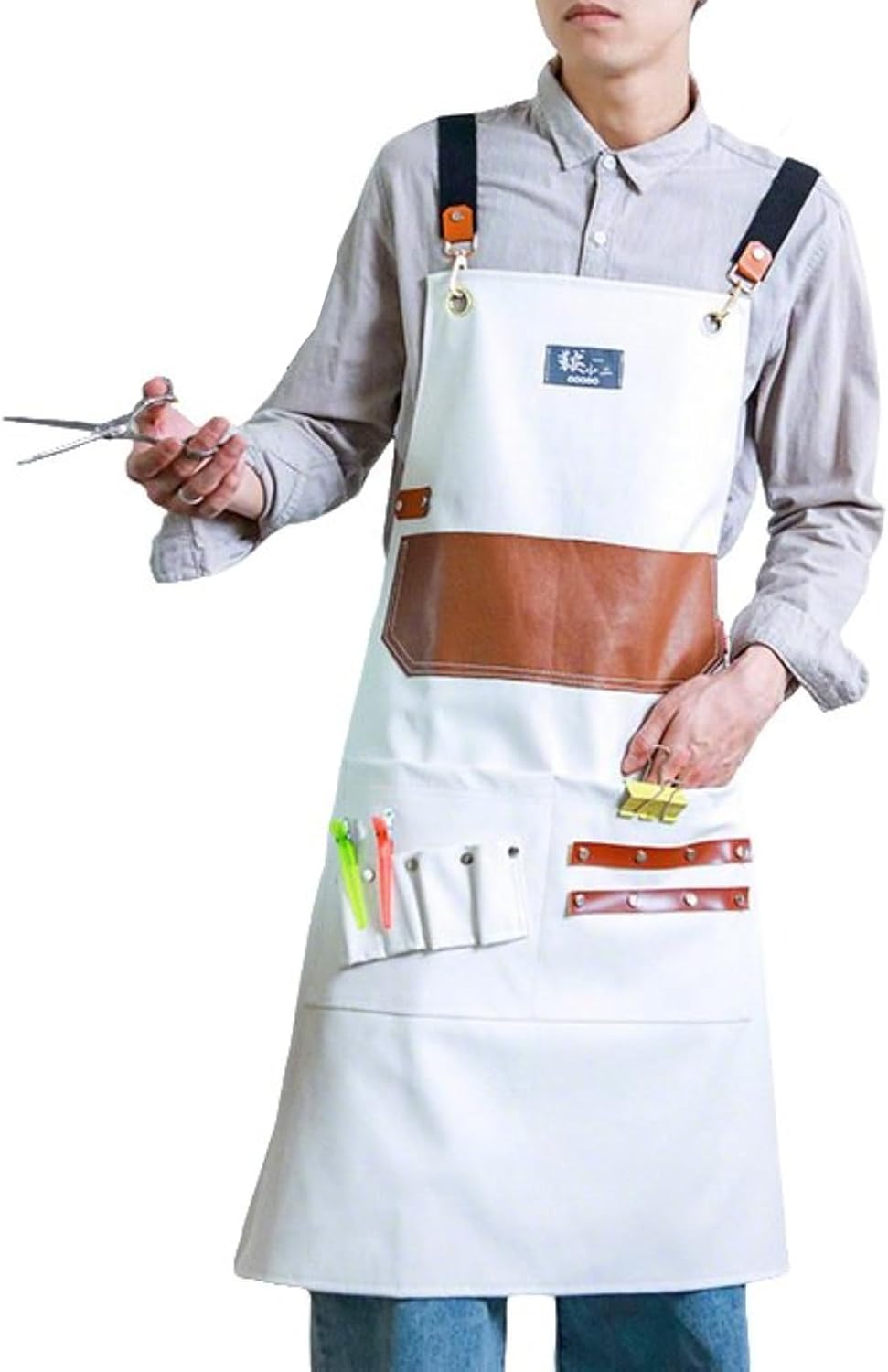 PU Leather Barber Apron Adjustable Cross Back Straps Water-Resistant Hair Styling Apron with Pockets