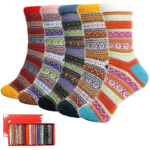 Image of ICEIVY 5 Pair Fuzzy Cozy Socks for Women - Warm Comfy Soft Casual Home Sleep Winter Wool Socks - Gifts for Women