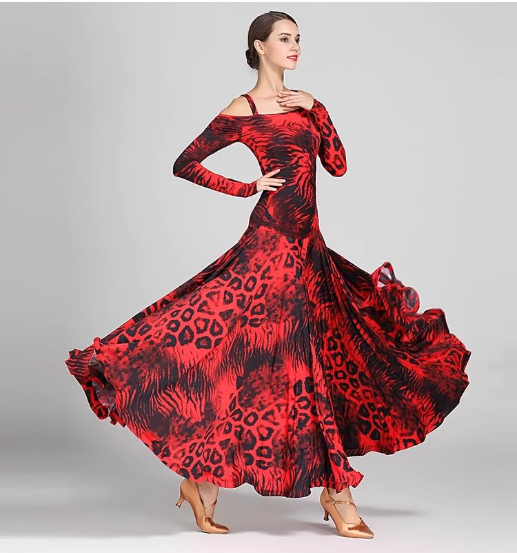 HEARTTOUCH Women Ballroom Dance Dress Long Swing Modern Waltz Dance Costume Professional Competition Party Dress (A Red,Small)