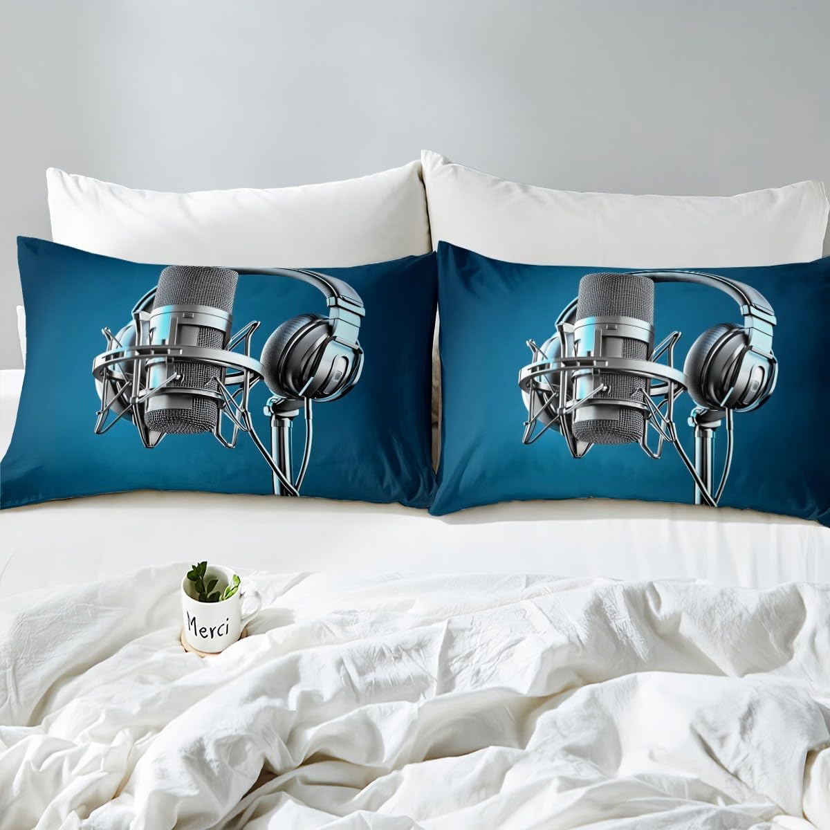 Erosebridal Headset Comforter Cover for Kids Youth Teens Adults Microphone Duvet Cover,Music Theme Quilt Cover 3D Headphone Bedding Set with 2 Pillow Cases,Black Queen Size Blue